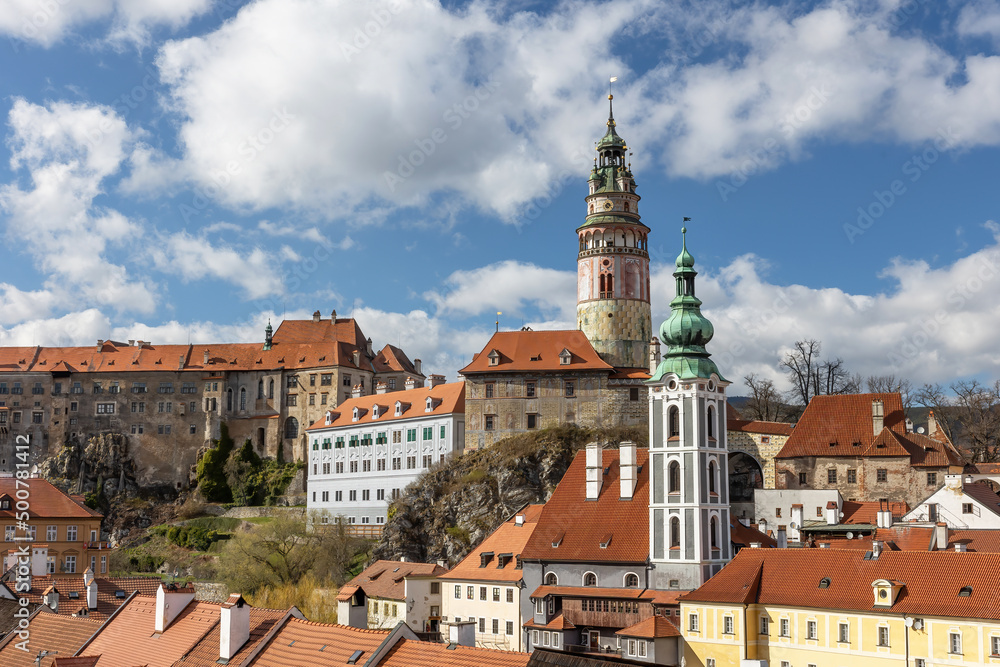 Beautiful view to Cesky Krumlov castle and its tower  in Czech republic. Horizontally.