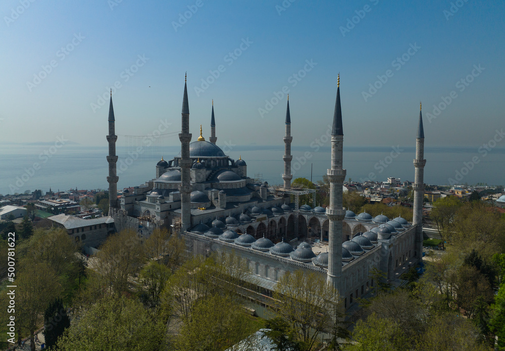 Renovated Blue Mosque and Hagia Sophia Drone Video, April 2022 Fatih, Istanbul Turkey

