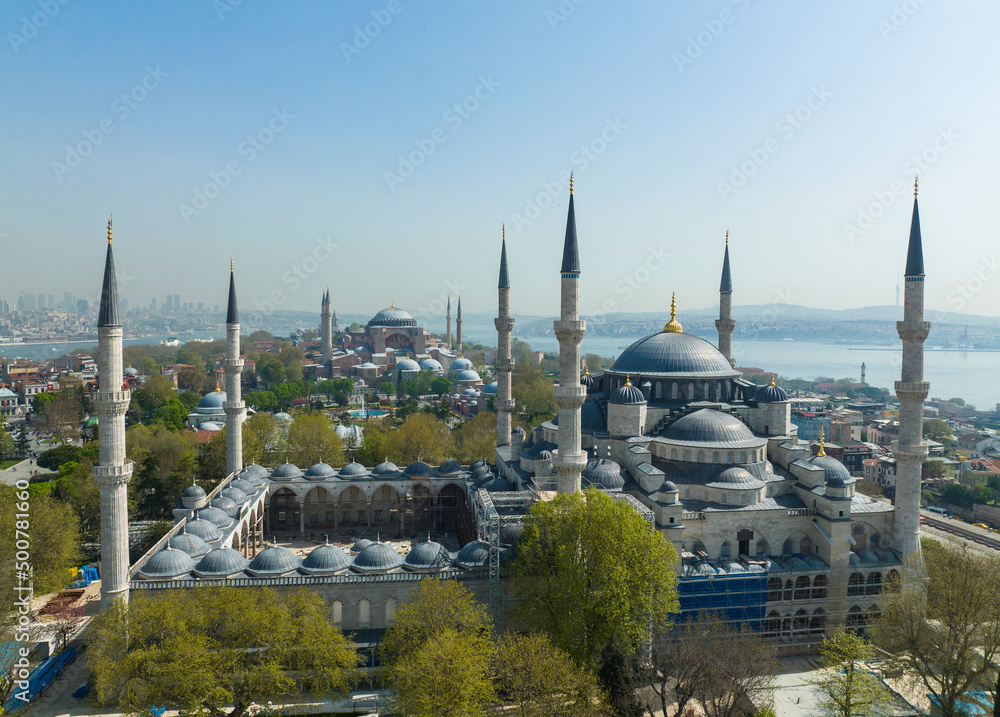Renovated Blue Mosque and Hagia Sophia Drone Video, April 2022 Fatih, Istanbul Turkey

