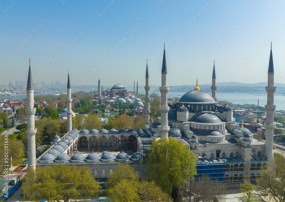 Naklejka premium Renovated Blue Mosque and Hagia Sophia Drone Video, April 2022 Fatih, Istanbul Turkey