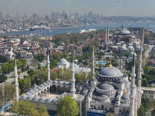 Renovated Blue Mosque and Hagia Sophia Drone Video, April 2022 Fatih, Istanbul Turkey