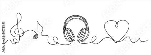 One line headphones. Continuous drawing of music gadget and note. Audio headphone outline sketch. Lineart vector concept of musical symbol. Illustration headphone drawing contour monoline