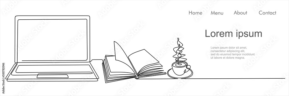 One continuous line drawing of computer laptop, book and a cup of ...