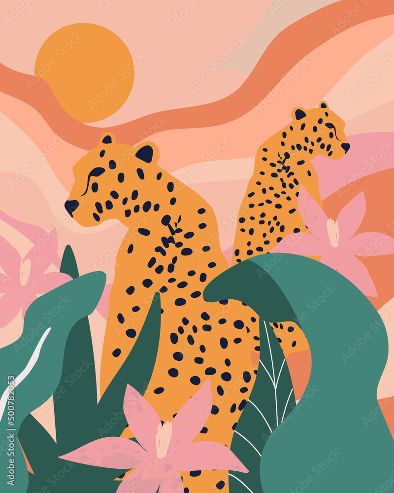  Tropical flowers and leaves poster background with leopards. Colorful summer vector illustration design. Exotic tropical art print for travel and holiday, fabric and fashion