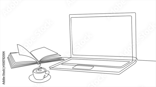 One continuous line drawing of computer laptop, book and a cup of coffee. Study space desk concept, web design. Single line draw design vector illustration