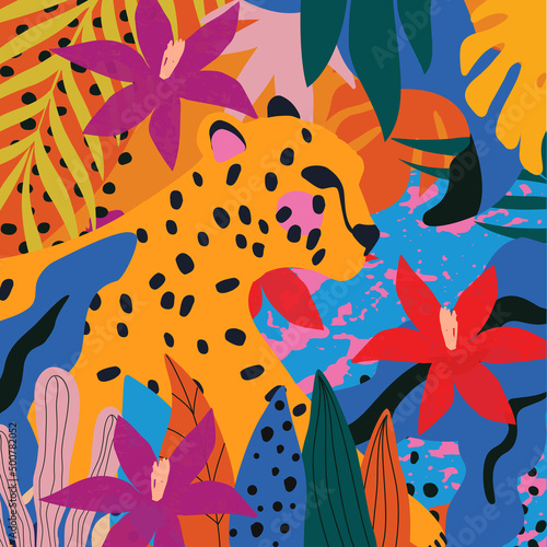  Cute and playful modern wildlife poster with leopard's head in leaves and flowers vector illustration. Tropical art print, exotic wildlife background