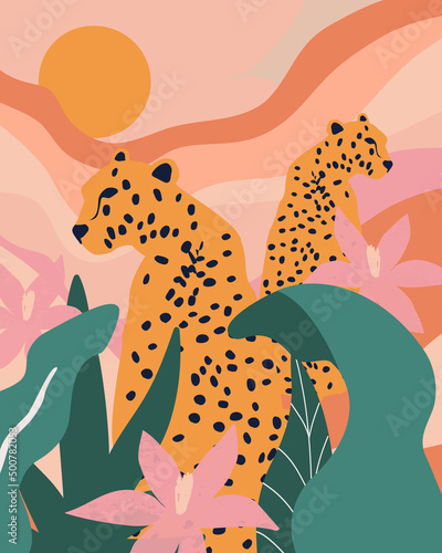  Tropical flowers and leaves poster background with leopards. Colorful summer vector illustration design. Exotic tropical art print for travel and holiday, fabric and fashion