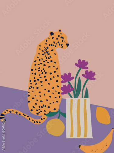 Leopard with vase and flowers flat vector illustration background