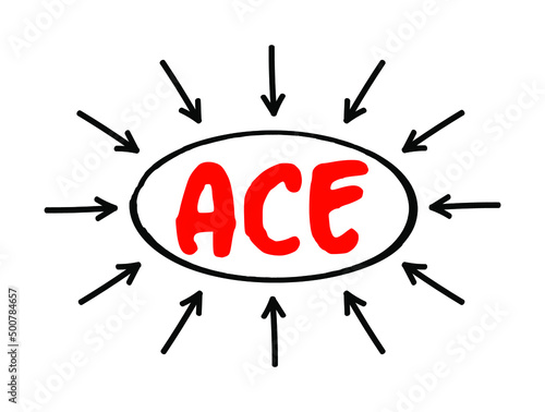 ACE Angiotensin-Converting Enzyme - central component of the renin–angiotensin system, which controls blood pressure, acronym text with arrows