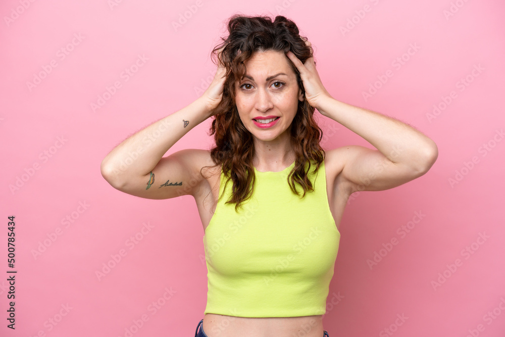 Young caucasian woman isolated on pink background doing nervous gesture Young caucasian woman isolated on pink background doing nervous gesture