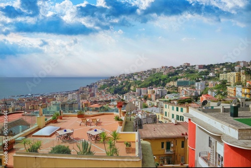 Panoramic view of Naples and its waterfront on the coasts of the Campania region, Italy.