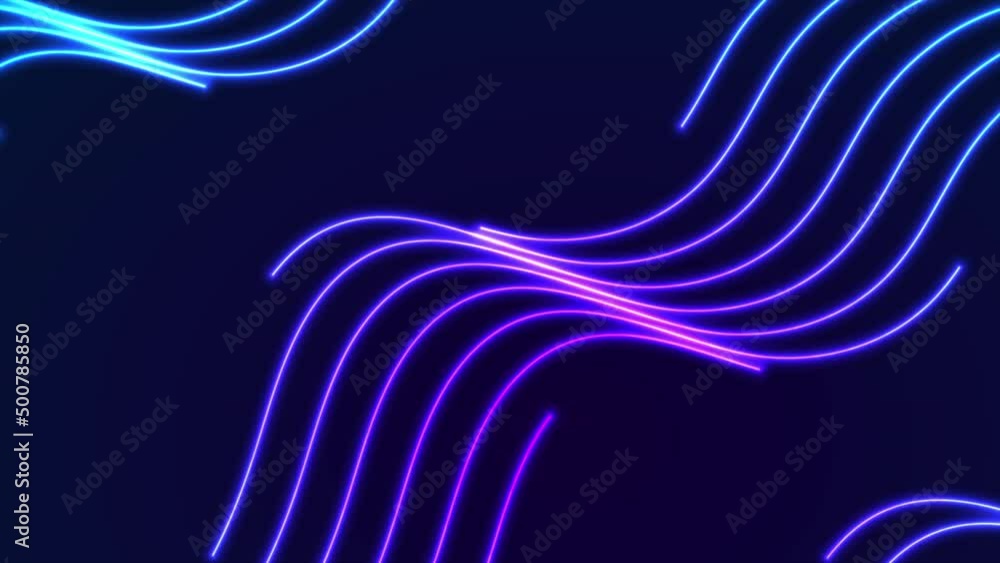 Blue and ultraviolet neon laser glowing curved wavy lines abstract ...
