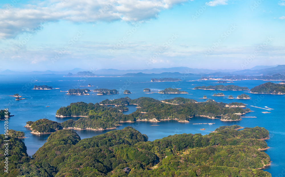Beautiful bird's-eye view of a seascape of the Kujūkushima islands that lie off sasebo famous for its saw-toothed coast with multiple islets part of Saikai National Park in Kyushu.