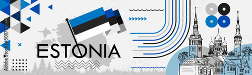 Estonia national day banner with Estonian flag colors theme background and geometric abstract retro modern blue black white design. Multiple landscapes of Tallinn , celebration of independence day.