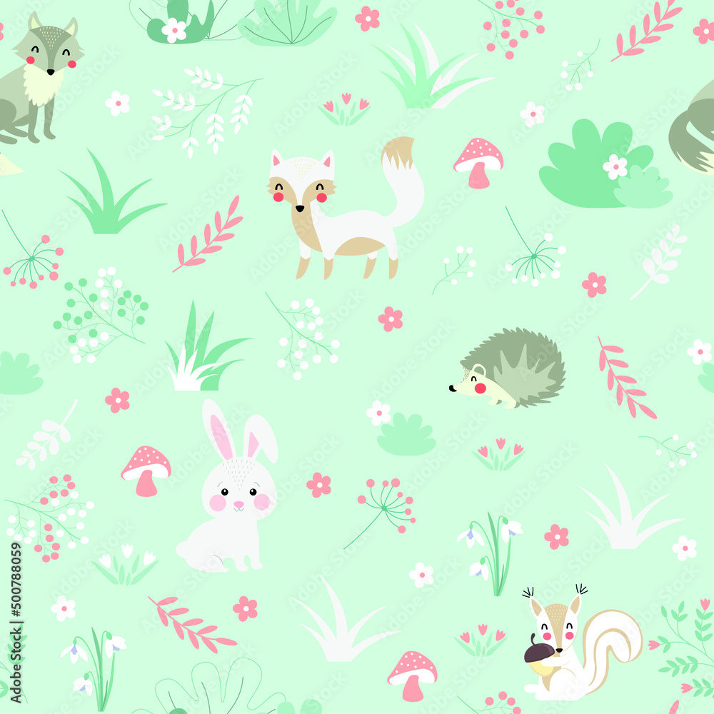 Set of animals in the forest. Vector. Seamless pattern for children's clothing, notebooks and souvenirs. Cute animals fox, bunny, hedgehog, squirrel, wolf. Cartoon animals