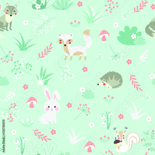 Set of animals in the forest. Vector. Seamless pattern for children's clothing, notebooks and souvenirs. Cute animals fox, bunny, hedgehog, squirrel, wolf. Cartoon animals © Zhanna