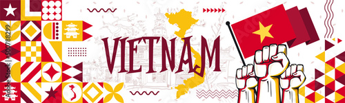 Flag and map of Vietnam with raised fists. National day or Independence day design for Vietnamese celebration. Modern retro design with abstract icons. Vector illustration.
