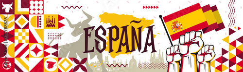Spain national day banner for España , Espana or Espania with abstract modern design. Flag and map of Spain with typography  red yellow color theme. Barcelona  Madrid skyline in background with bull photo