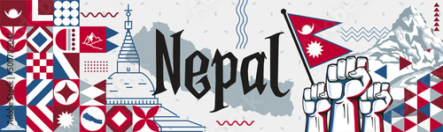 Nepal National day or Happy Teej Festival banner with abstract shapes. Nepali flag and map. Red blue triangles scheme with raised hands or fists. Mount Everest Kathmandu landmarks. Vector Illustration