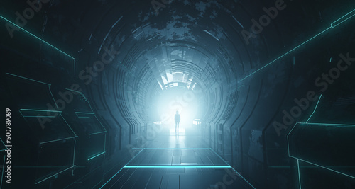 Dark abstract Sci Fi Tunnel background. Man Standing with Glowing Light Rays. 3d Rendering photo