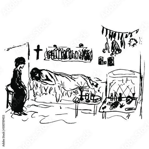 Couple in a room. Witch woman and a man sleeping in a bed. Hand drawn linear doodle rough sketch. Black and white silhouette.