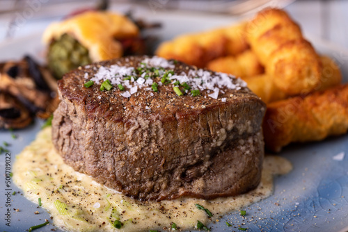 closeup of a steak on a plate