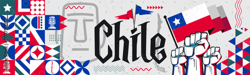 Chile National day banner with abstract shapes. Chile flag and map. Red blue triangles scheme with raised hands or fists. Moai landmarks. Vector Illustration photo