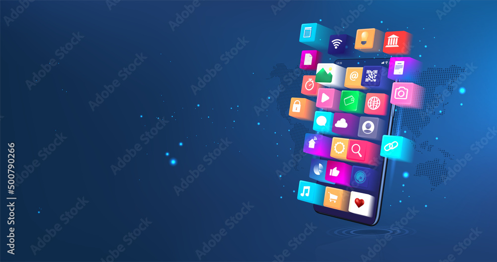User Interface and more Applications on Mobile Phone. 3D smartphone with app icons and world map. Development of applications, social networks and software. UI, UX, KIT App. 3D mobile phone with icons - obrazy, fototapety, plakaty 