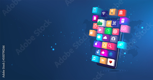 User Interface and more Applications on Mobile Phone. 3D smartphone with app icons and world map. Development of applications, social networks and software. UI, UX, KIT App. 3D mobile phone with icons