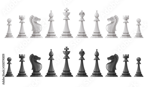 Chess piece black white figure board illustration set. Vector graphic design concept