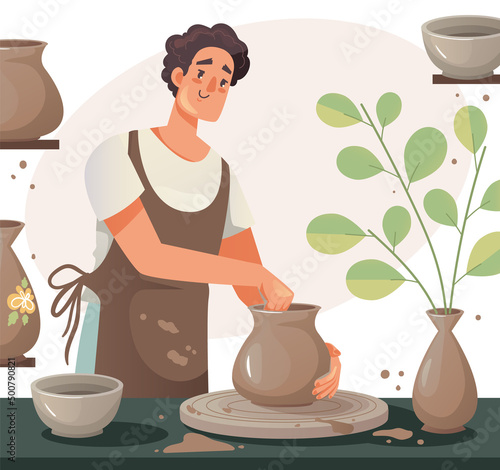 Man character making pot. Pottery hand made hobby workshop craft illustration. Vector graphic design concept
