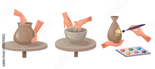 Pottery hand made hobby workshop craft steps illustration. Vector graphic design concept