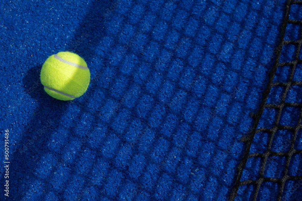 Ball in the shade of the net of a blue paddle tennis court.