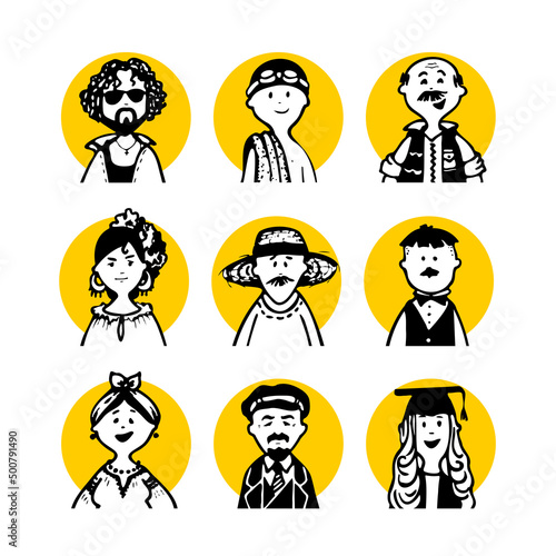 Collection 03 of comic peoples faces and characters in doodle style for monochrome avatars and black-white pictograms and set social media icons and portraits for articles or blog