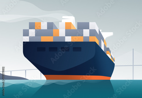 Vector illustration of a loaded container cargo ship passes under the bridge
