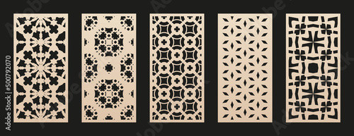 Set of laser cut patterns. Vector modern abstract geometric panels with floral ornaments, grid. Oriental arabic style. Template for cnc cutting, decorative panels of wood, metal. Aspect ratio 1:2