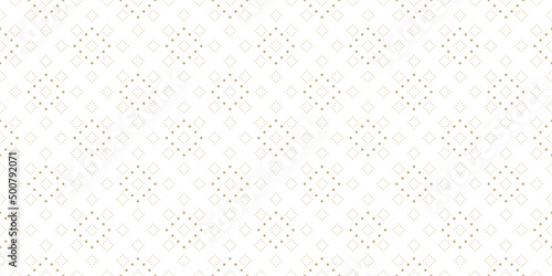 Subtle minimalist dotted seamless pattern, delicate golden vector texture. Abstract gold and white minimal repeat background with tiny circles square grid. Delicate luxury wide ornament. Repeat design