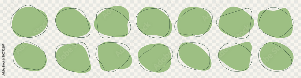 Organic amoeba blob shape abstract green color with line vector illustration isolated on transparent background. Set of irregular round blot form graphic element. Doodle drops with outline circle - obrazy, fototapety, plakaty 