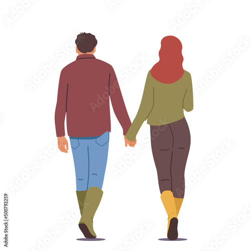 Male and Female Characters Holding Hands Rear View. Loving Couple Romantic Relations. Man and Woman Walking