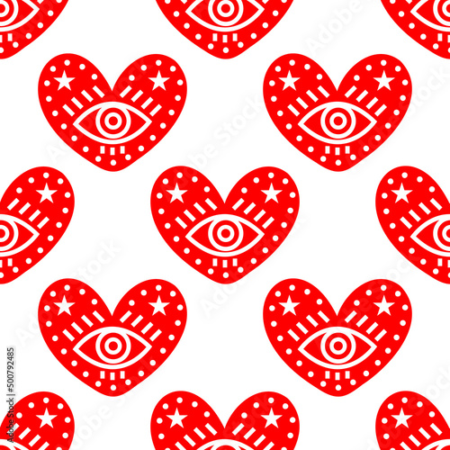 Seamless heart pattern decorated with an eye. Romantic pattern for Valentines Day. Vector illustration