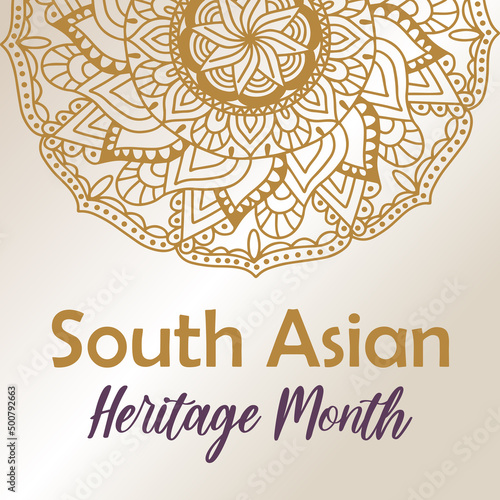 NSouth Asian Heritage month. Vector background, round golden mandala, tradition eastern oriental ornament. SAHM square template