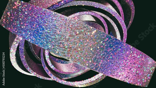Abstract looping satisfying 3D animation of the rotating textured iridescent silver metallic rings covered with colorful shining glittering confetti rendered in UHD with alpha matte