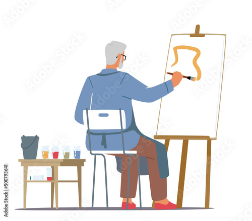 Old Male Painter Character Hold Paintbrush in Hand Drawing with Paints on Easel in Art Studio Rear View, Senior Artist