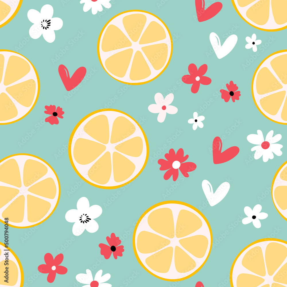 Summer illustration with oranges and lemons. Seamlees pattern with colorful fruits on color background. Food concept. Template design for invitation, poster, card, fabric, textile Summer illustration with oranges and lemons. Seamlees pattern with colorful fruits on color background. Food concept. Template design for invitation, poster, card, fabric, textile