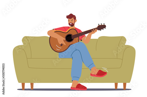 String Instrument Courses, Private Guitar Lessons, Education, Hobby. Mature Man Playing Guitar at Home. Learning to Play