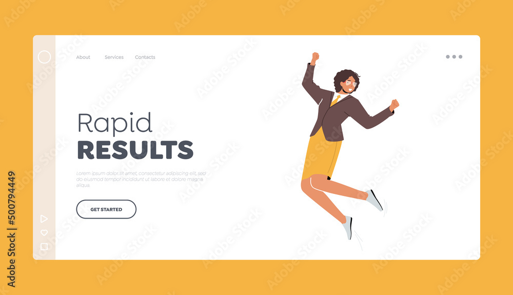 Naklejka premium Rapid Results Landing Page Template. Businesswoman Positive Emotions, Adult Woman in Formal Clothes Jump
