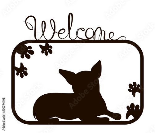 Welcome Dog sign is a template for a laser cutting machine for cardboard, wood and metal. Black stock vector illustration isolated on white background.