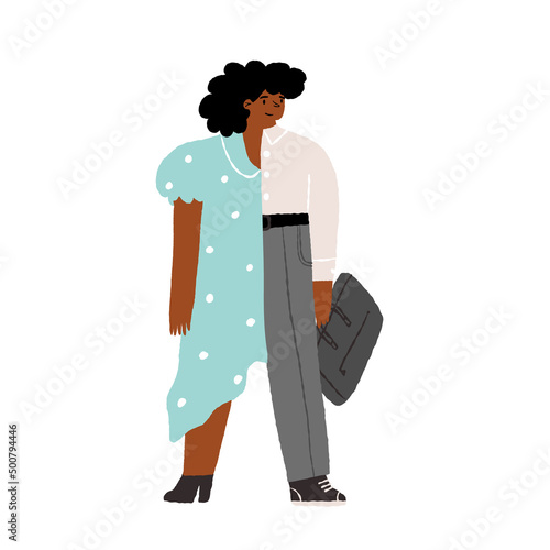 A woman in the dress and a man in the office suit in one person. Work life balance, social role, gender identity concept