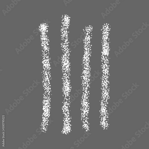 Chalk drawn tally mark symbolized number 4 on gray background. Four white hand drawn sticks, cunting stripes on chalkboard. Unary numeral system sign. Vector realistic illustration photo