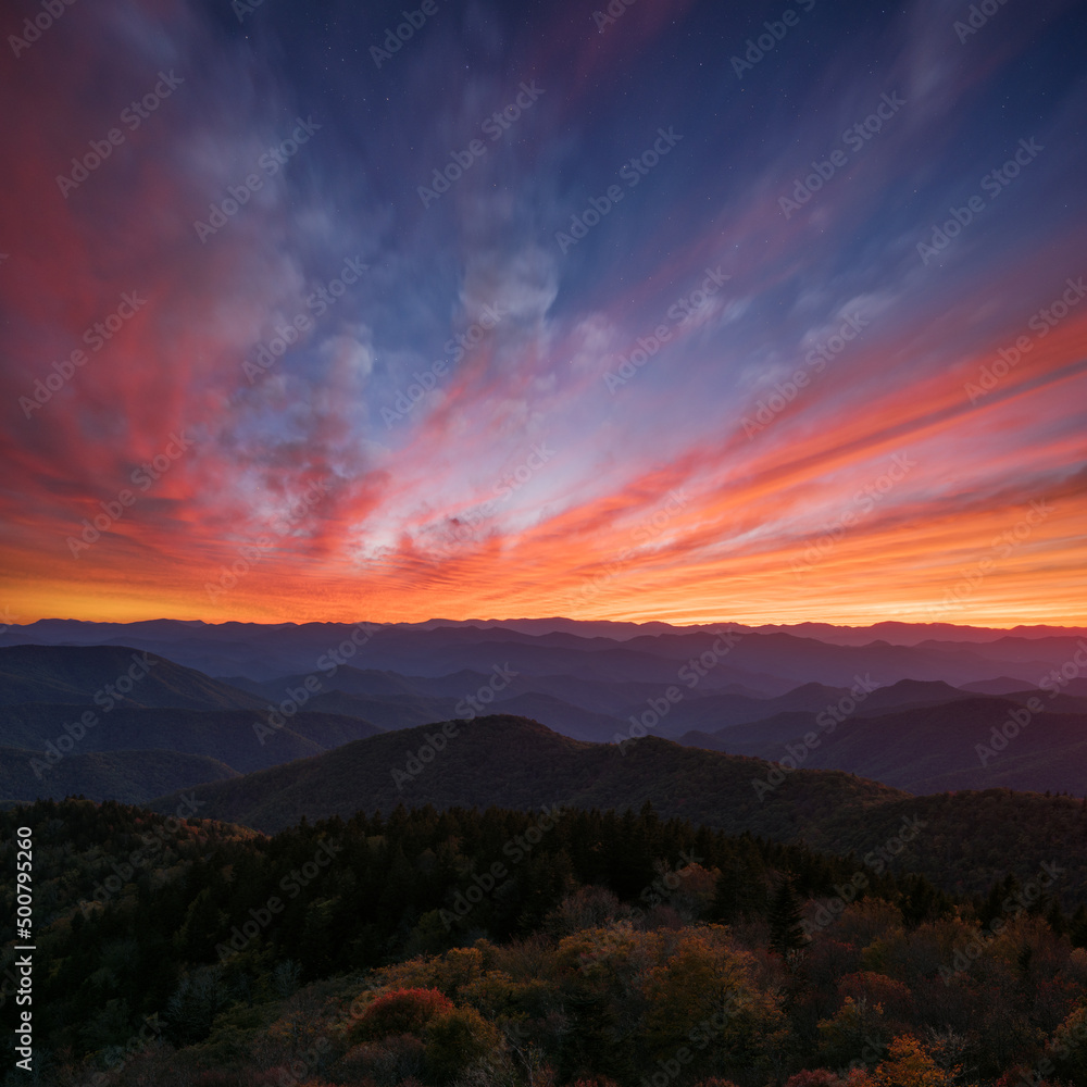 Dramatic sunset over the Smoky Mountains from along the Blue Ridge Parkway in North Carolina